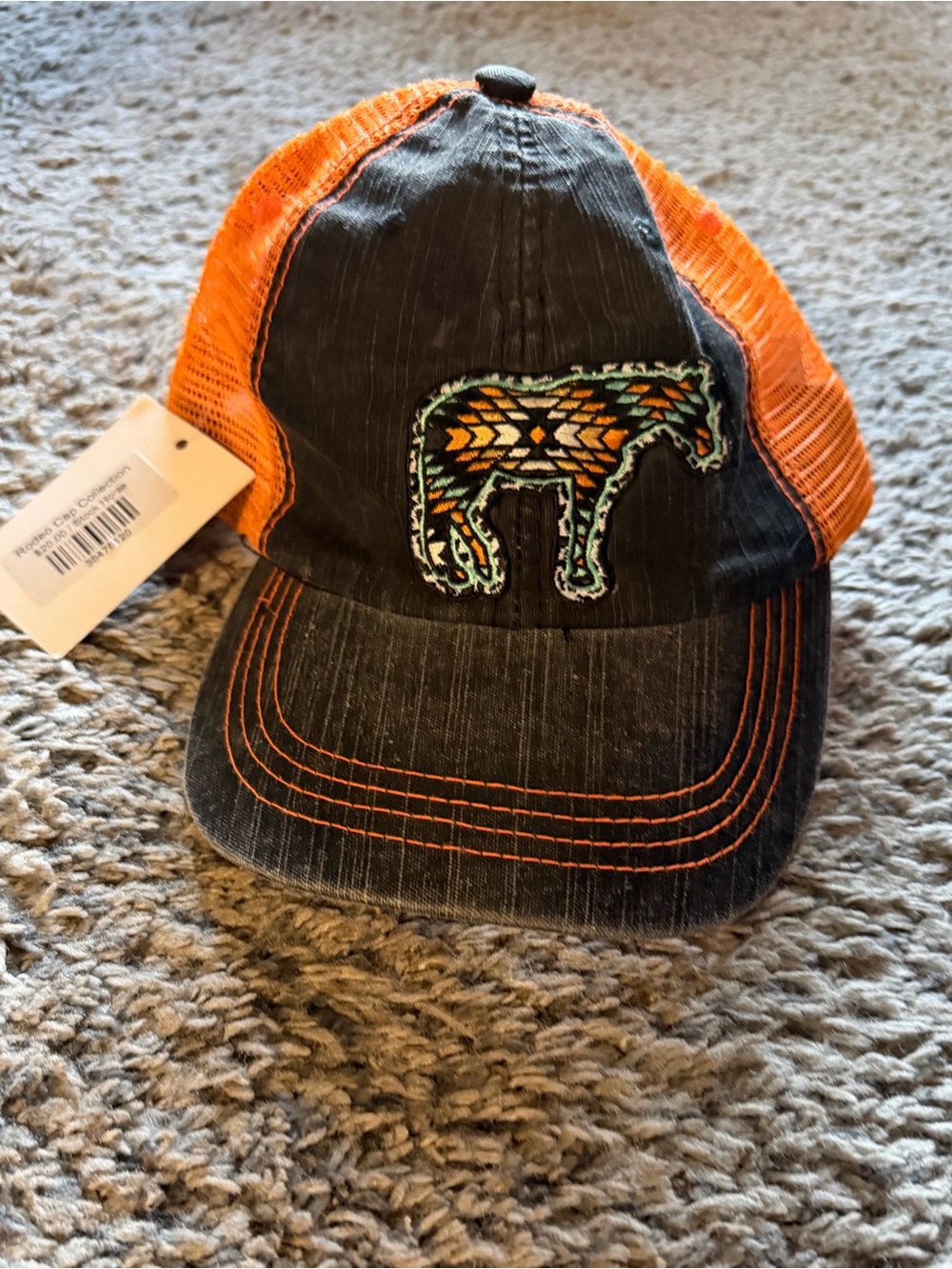 Orange and Black Trucker Hat with Aztec Horse Patch